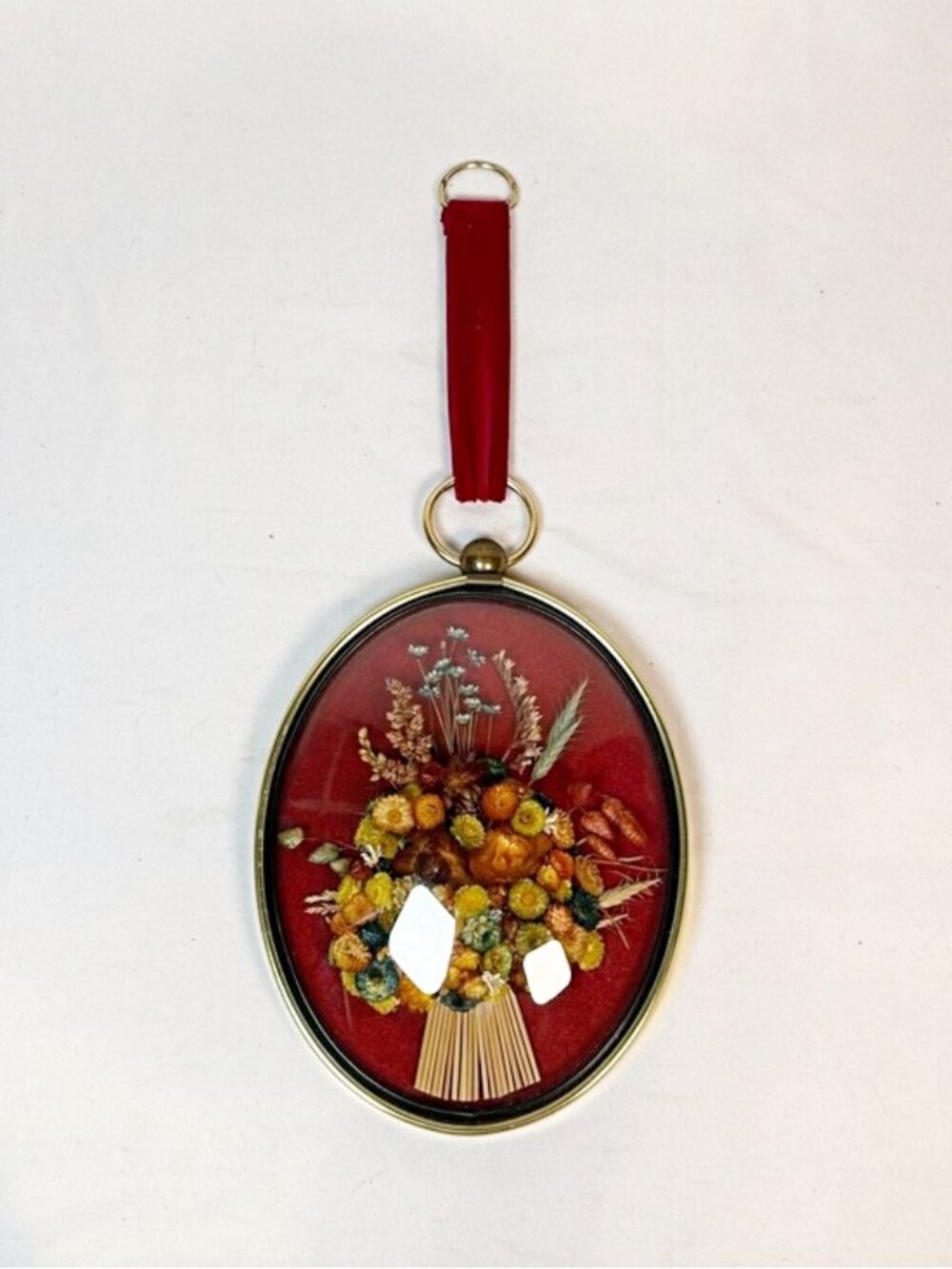 Vintage Cideart Belgium 9" Red Domed Glass Dried Flowers Wall Hanging